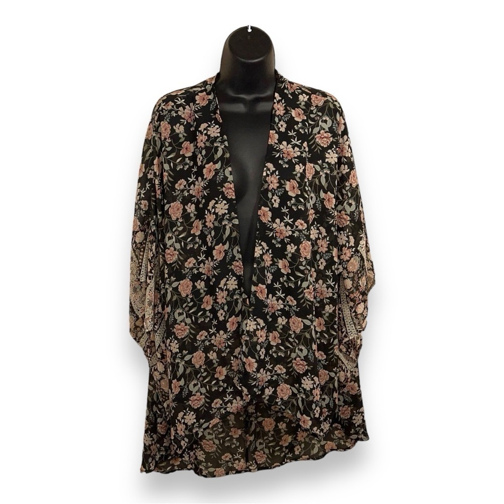 CL WALLFLOWER BLACK PINK KIMONO BLOUSE TOP OPEN FRONT FLOWY